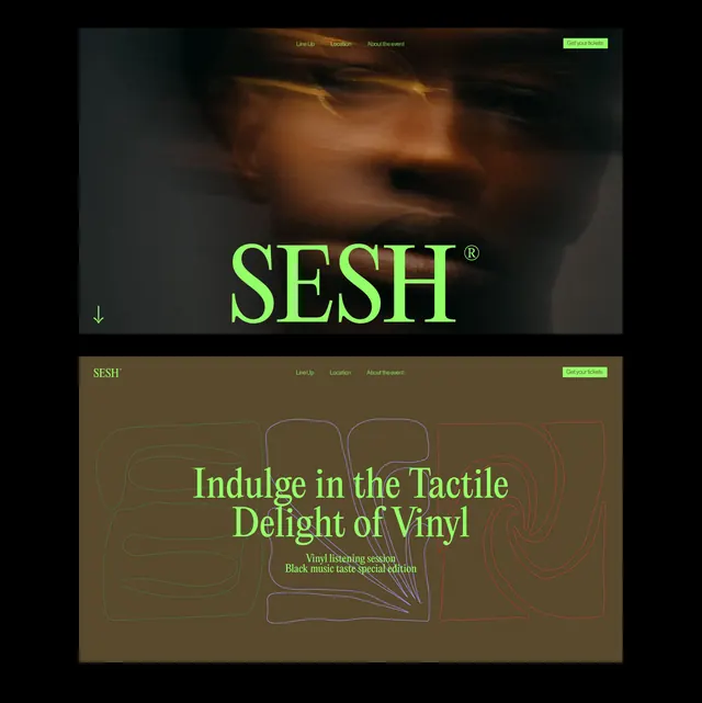 Dark moody vinyl brand web design with lime accents, minimal, editorial, dark