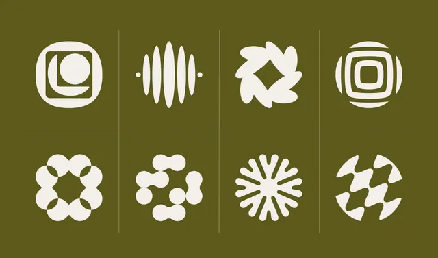 Rounded geometric icon system on olive green, minimal, geometric, light