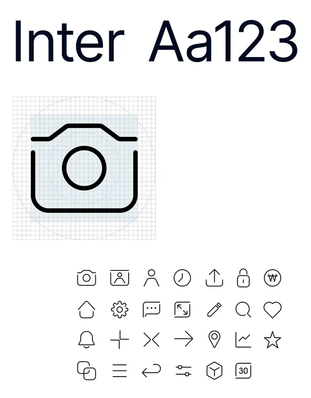 Inter typeface specimen with icon library, minimal, line-art, dark