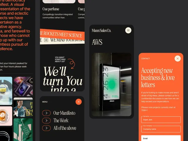 Agency manifesto collage with orange contact form, editorial, minimal, dark