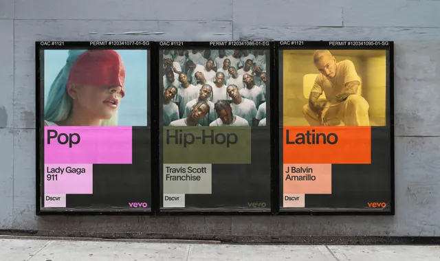 Music genre billboard triptych with color-blocked panels, editorial, technical, vibrant