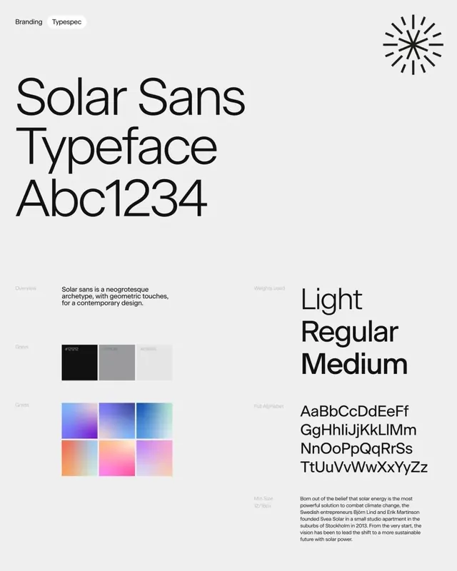 Solar Sans typeface specimen with geometric sunburst icon, minimal, editorial, light
