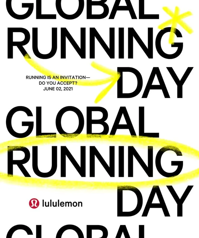 Lululemon Global Running Day stacked display poster, minimal, dark-mode, dark