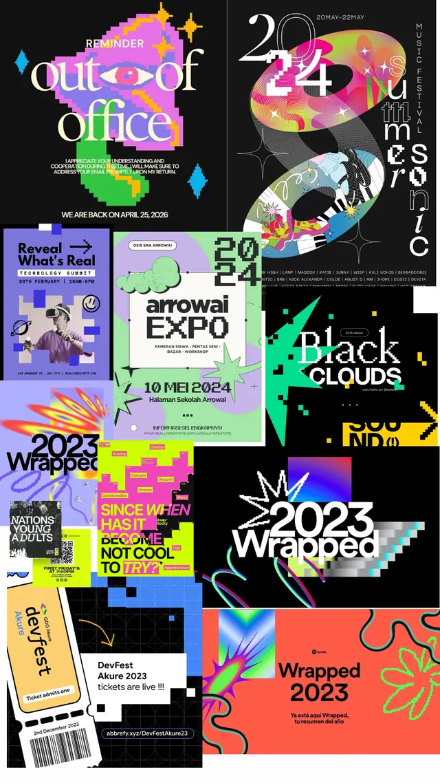 Festival poster collage grid, maximalist, editorial, dark
