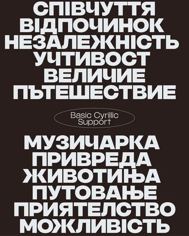 Cyrillic sans-serif type specimen, minimal, monochrome, dark