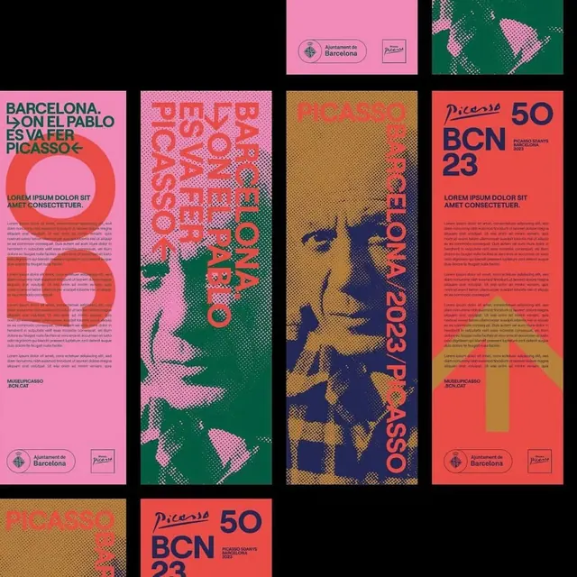 Picasso exhibition identity system with bold poster treatments, geometric, editorial, warm