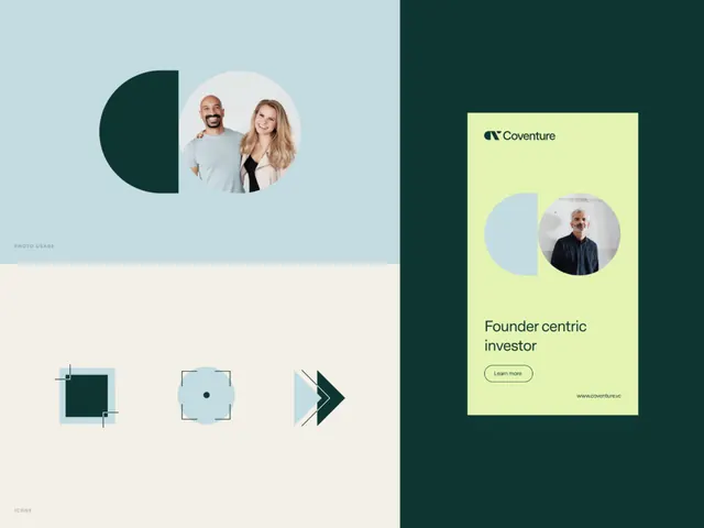Coventure brand identity system, minimal, corporate-clean, cool