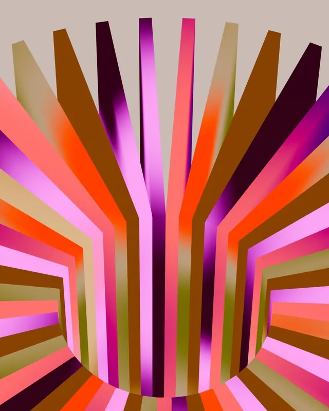 3D gradient sunburst: warm-cool radiating wedges, gradient-heavy, geometric, warm