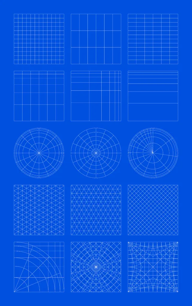 Blueprint grid of geometric wireframes, geometric, technical, dark