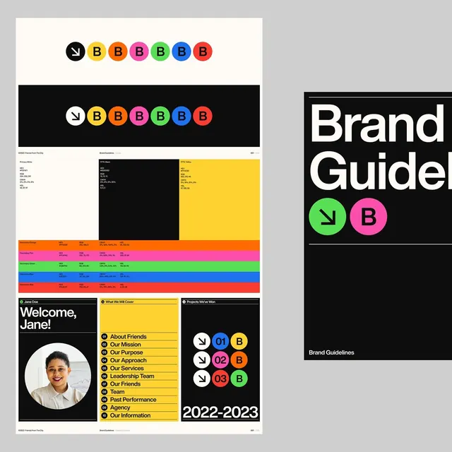 Brand guidelines with multi-colored badge system, minimal, corporate-clean, dark