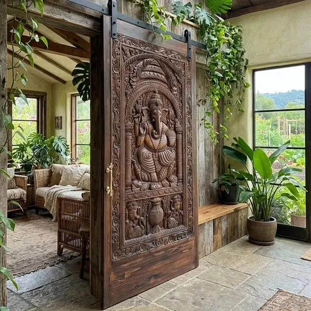 Carved wooden door in botanical interior, organic, photographic, warm