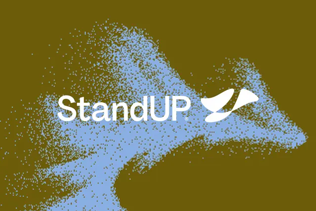 Particulate splatter logo for StandUP, abstract, minimal, earthy