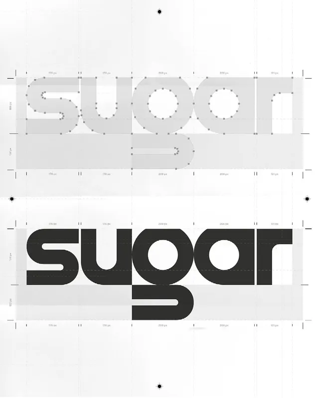 Sugar typeface construction specimen with geometric grid, minimal, geometric, dark
