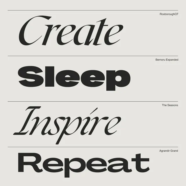 Create/Sleep/Inspire/Repeat typographic logo, minimal, editorial, dark