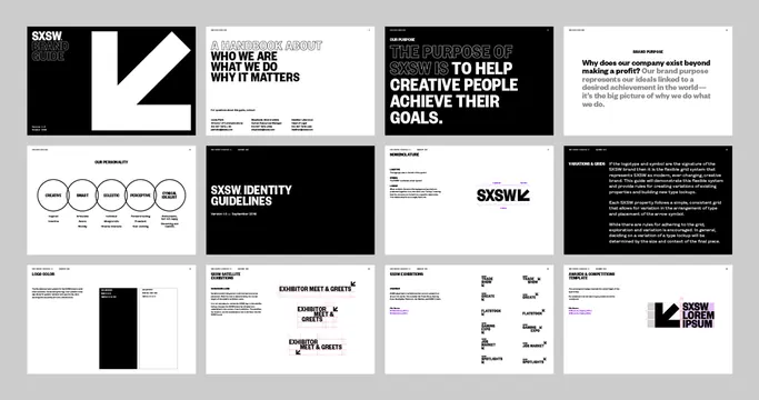 SXSW brand guidelines with stark black-white grid system, minimal, corporate-clean, dark