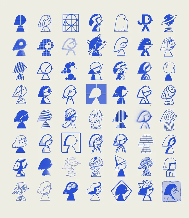 Diverse icon set grid with blue line-art figures, minimal, line-art, cool