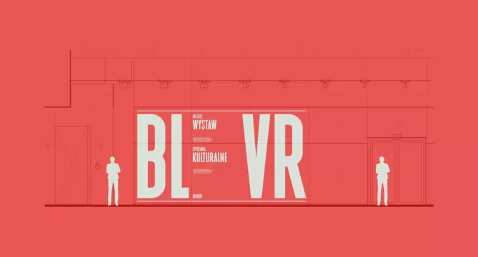 Geometric exhibition poster with oversized typography, minimal, geometric, warm