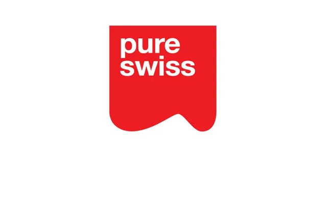 Pure Swiss red badge wordmark, minimal, geometric, warm