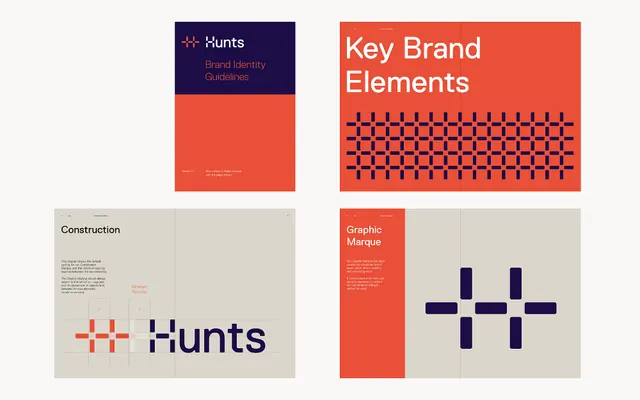 Hunts brand identity with modular mark, minimal, geometric, dark