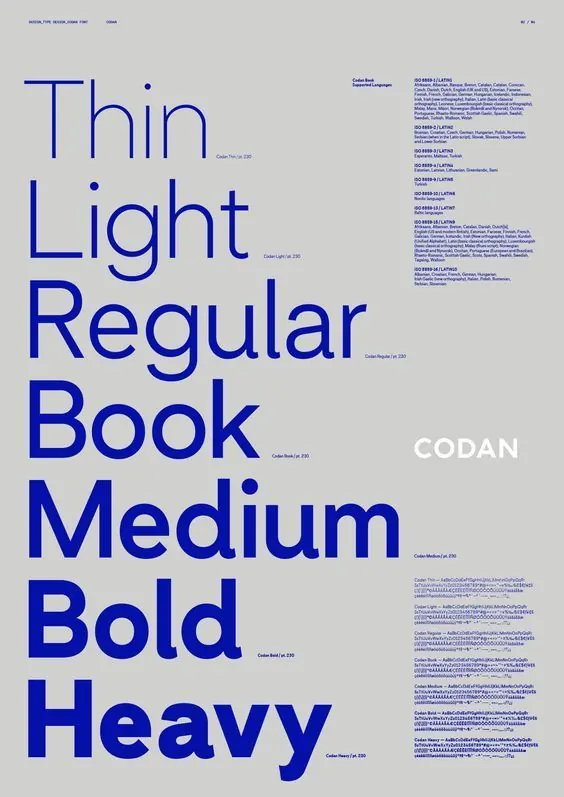 CODAN font weight progression specimen, minimal, swiss, light