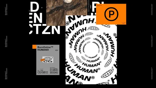 BornOnline HUMAN brand system collage, minimal, technical, dark