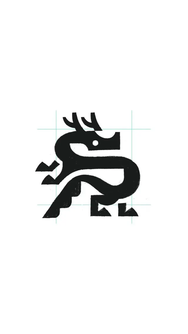 Mythical Asian Dragon creature logomark design sketching credit: @anhdodes - Anh Do - logo designer, minimal, monochrome, dark