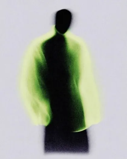 Figure in neon-lit garment, abstract, minimal, dark