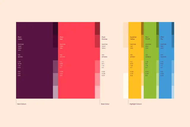 Branded color-system specification sheet with tonal variants, minimal, data-dense, warm