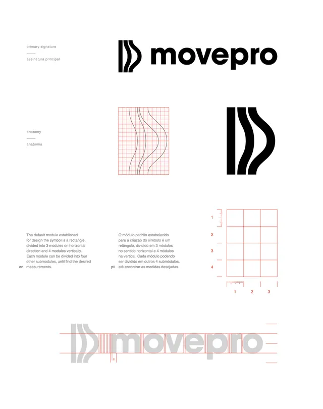 Movepro identity with wave-form mark and modular grid, minimal, geometric, dark