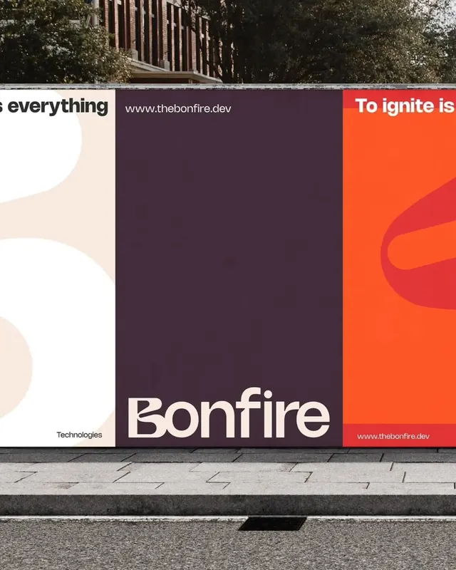 Tripartite billboard with cream, charcoal, and bright orange panels, minimal, corporate-clean, light