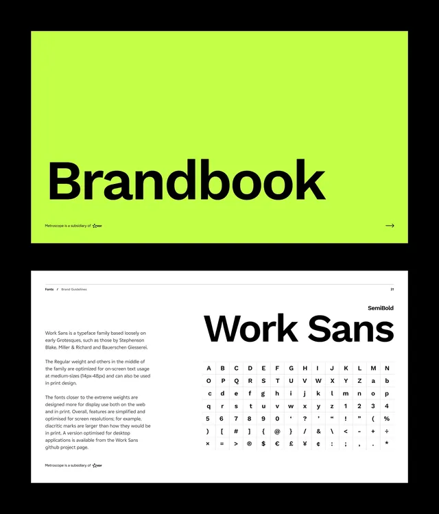 Lime-green and black corporate identity system with Work Sans, minimal, corporate-clean, dark