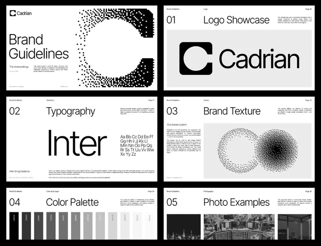 Cadrian: monochromatic identity system with pixelated texture, minimal, geometric, dark