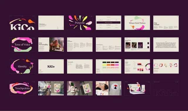 KiCo brand identity system, gradient-heavy, minimal, dark