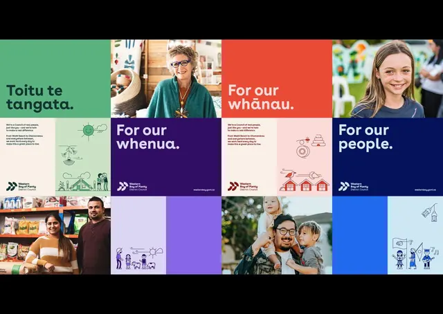 Western Bay of Plenty Council identity system, flat, corporate-clean, vibrant