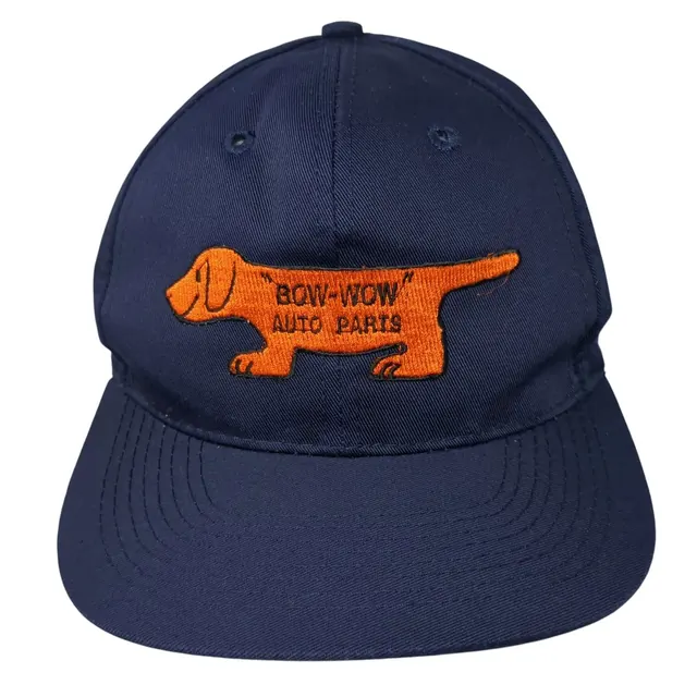 Embroidered dachshund auto parts cap logo, retro, minimal, dark
