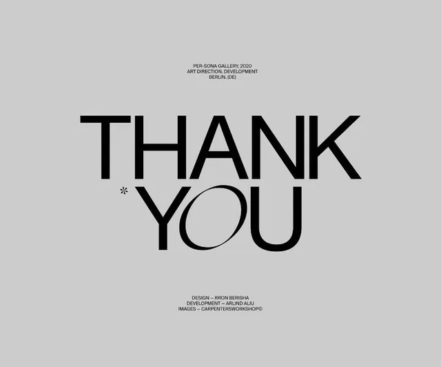 Per-Sona Gallery type specimen thank-you card, minimal, monochrome, light