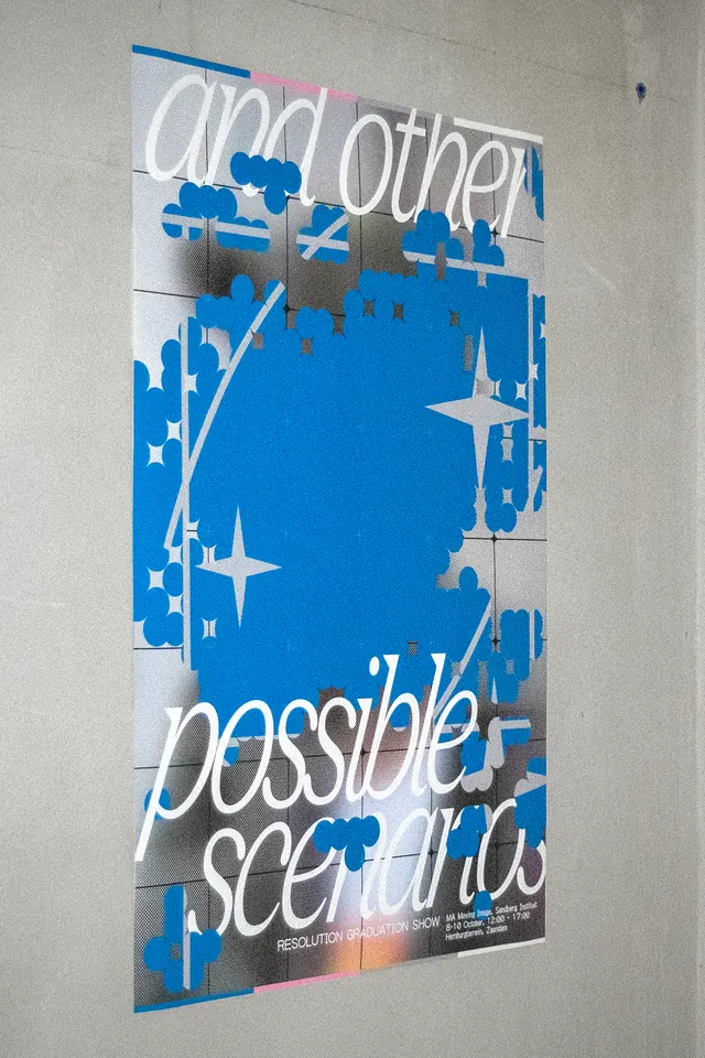 Blue and white layered poster with celestial motifs, geometric, minimal, cool