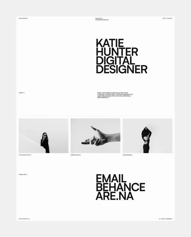 Katie Hunter portfolio type specimen, minimal, editorial, light