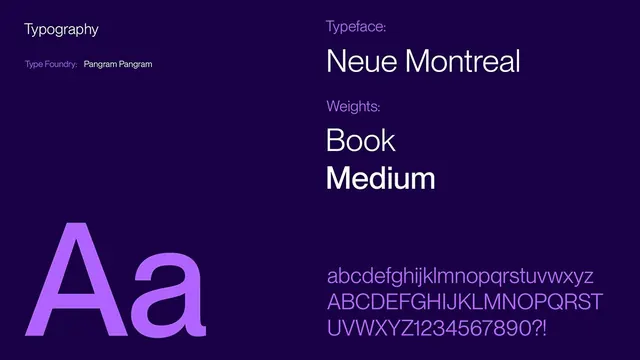 Neue Montreal typography specimen on dark purple, minimal, technical, dark