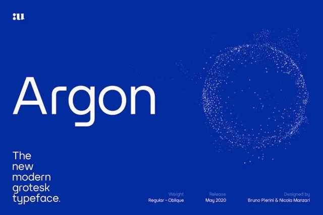 Argon typeface specimen with particle burst, minimal, dark-mode, light