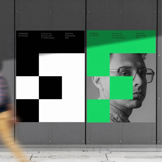 Stark geometric editorial spread with bright green accent, minimal, geometric, dark