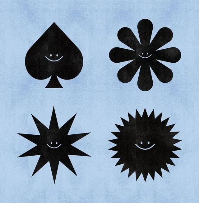 Joyful geometric icon set with smiley faces, minimal, flat, dark