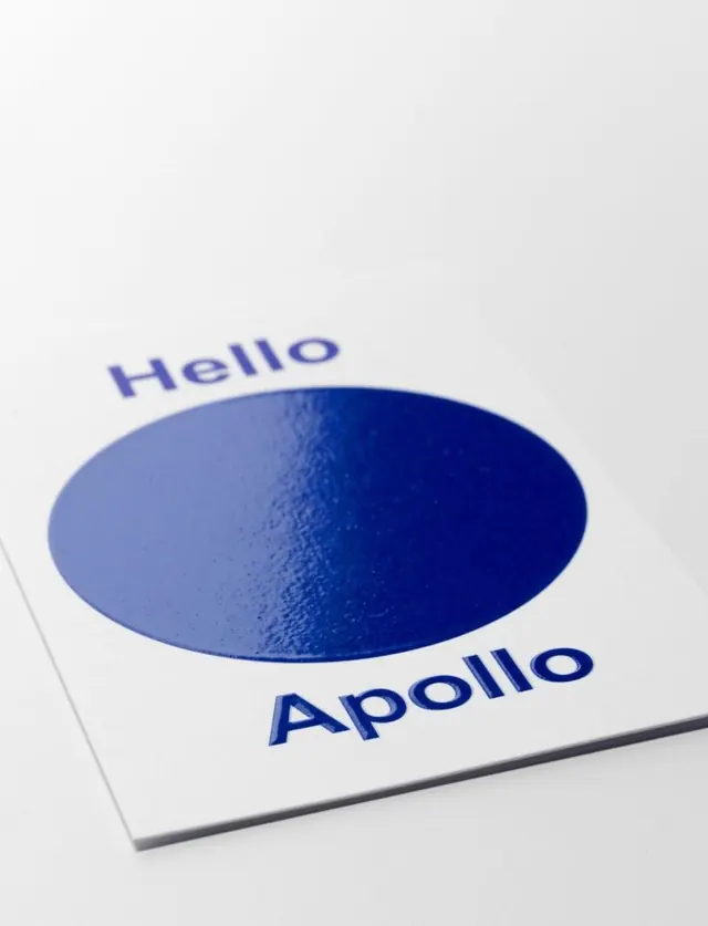 Apollo Hello spot UV brand card, minimal, corporate-clean, light