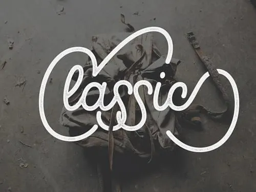 Classic wordmark in white script, minimal, dark