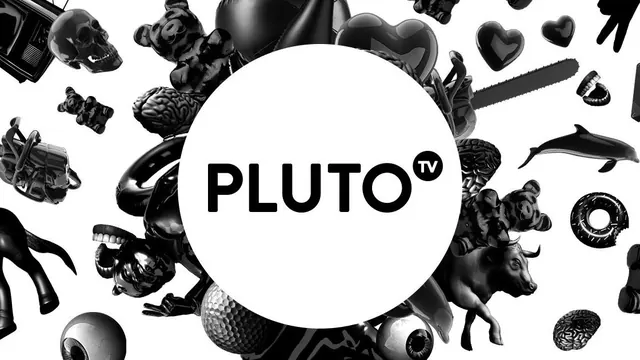Pluto TV logo with object collage, minimal, abstract, monochrome