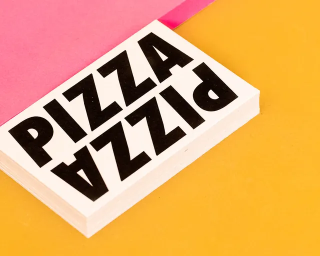 PIZZA mirrored card stack, minimal, brutalist, vibrant