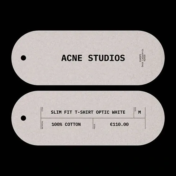 Acne Studios hangtag system, minimal, brutalist, monochrome