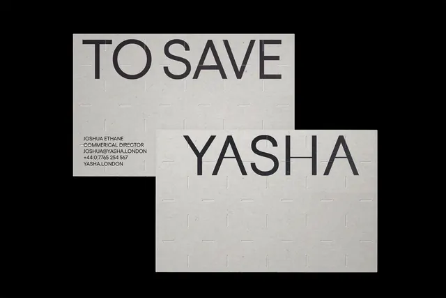 Yasha stab-proof outerwear business cards, minimal, brutalist, monochrome