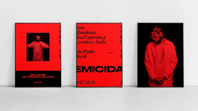 Emicida red and black poster trio, minimal, editorial, vibrant