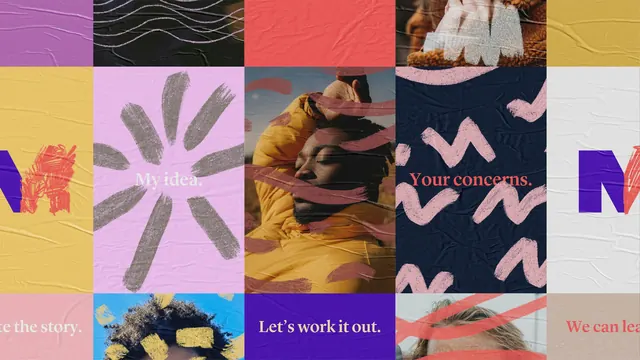 Wheatpaste grid identity collage, editorial, maximalist, vibrant